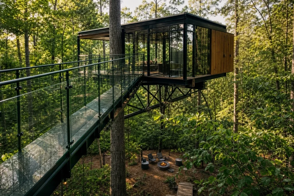 treehouse accommodation surrounded by trees at Bide in the Trees in United States
