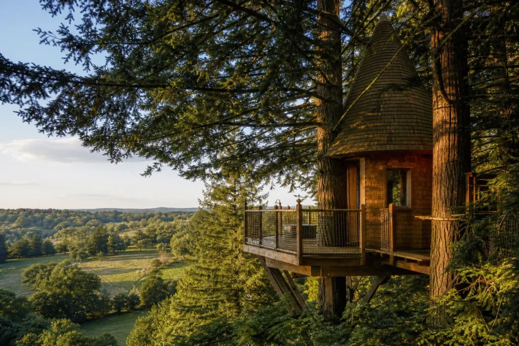 treehouse accommodation surrounded by trees at Château de Memanat Treehouse in France