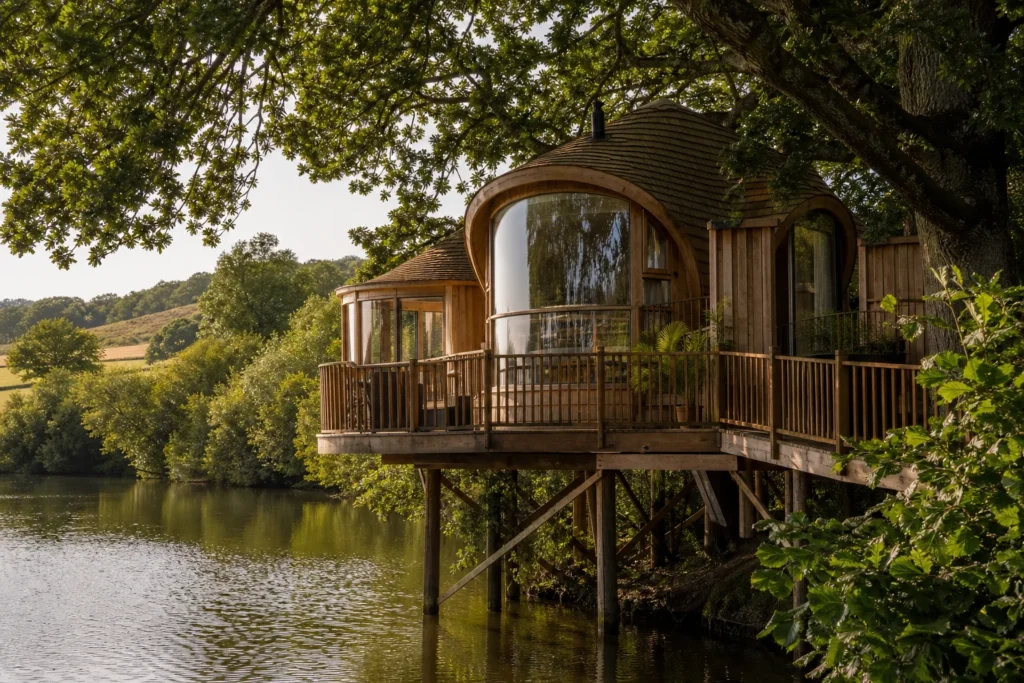 treehouse accommodation surrounded by trees at Lakeside Treehouse in United Kingdom
