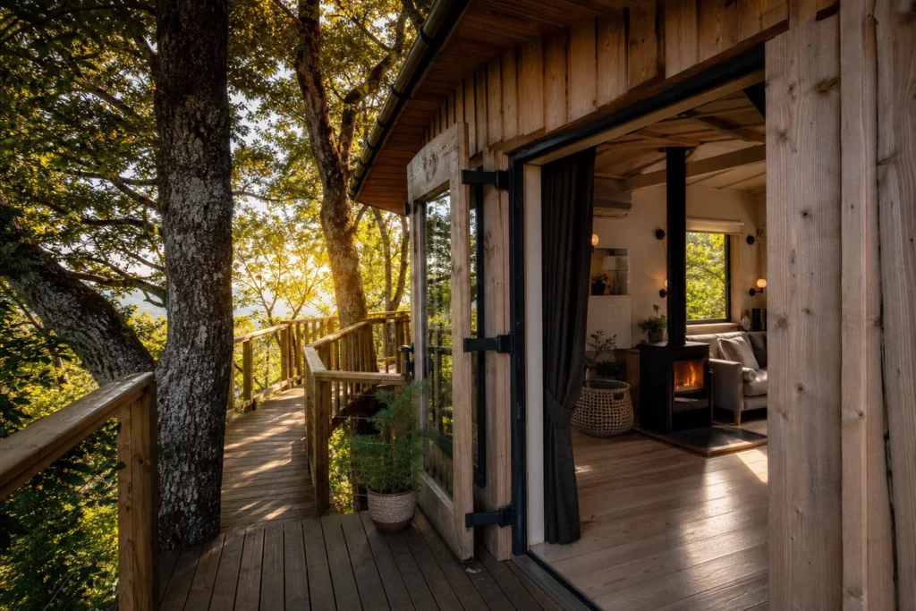 treehouse accommodation surrounded by trees at Lavender Hill Treehouse in United Kingdom
