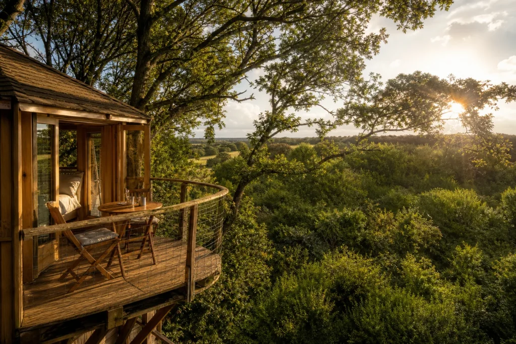 treehouse accommodation surrounded by trees at Pradan Treehouse in France