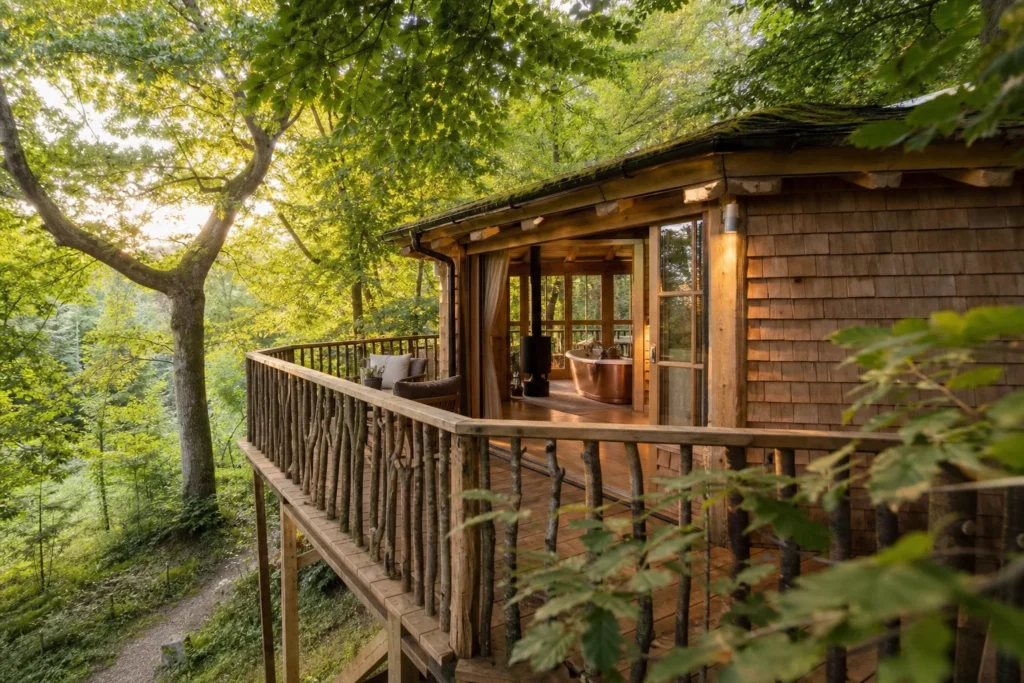 treehouse accommodation surrounded by trees at The Buzzardry Treehouse in United Kingdom