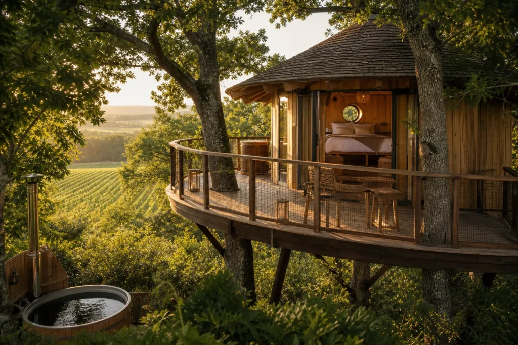 treehouse accommodation surrounded by trees at The Orchard Treehouse in France