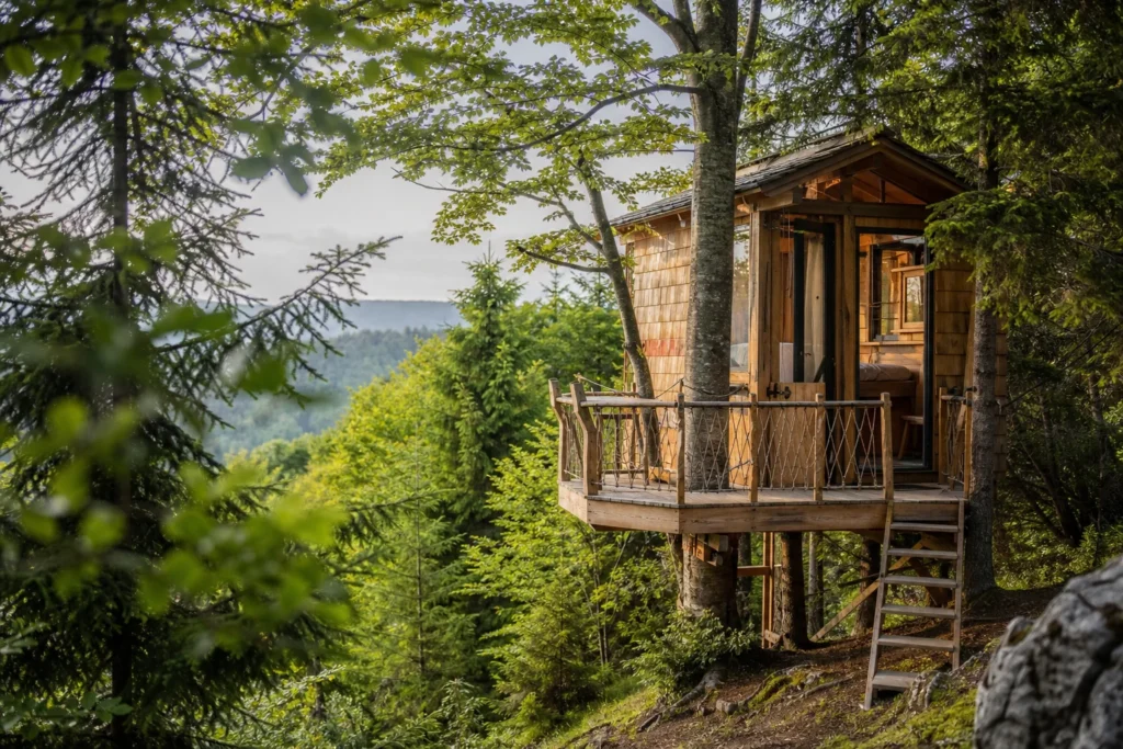 treehouse accommodation surrounded by trees at Tree House Alpinka Krvavec in Slovenia